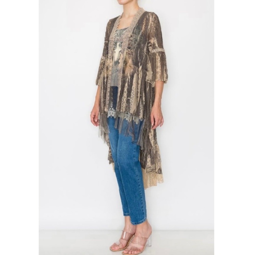 Origami Lace Duster Cardigan Women XL Brown Western Boho Horse Skull Graphic New - Picture 3 of 6